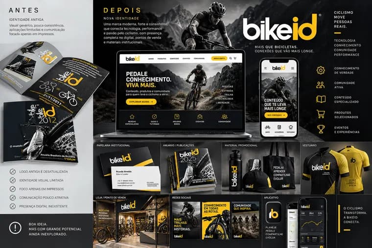 Painel visual bikeID com publicações, marca e experiência digital
