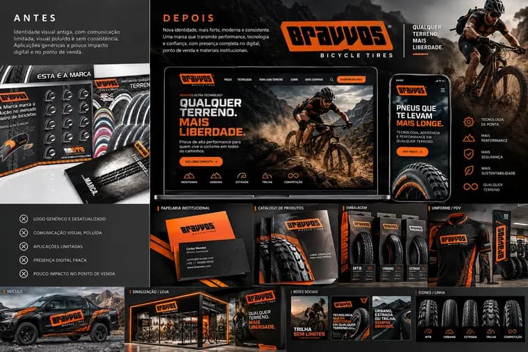 Painel visual da Bravvos Bicycle Tires com marca, produtos e website