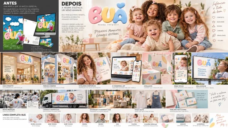 Painel visual BUÁ Moda Infantil com marca e aplicações