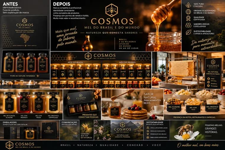 Painel visual Cosmos Mel do Brasil com identidade e embalagens