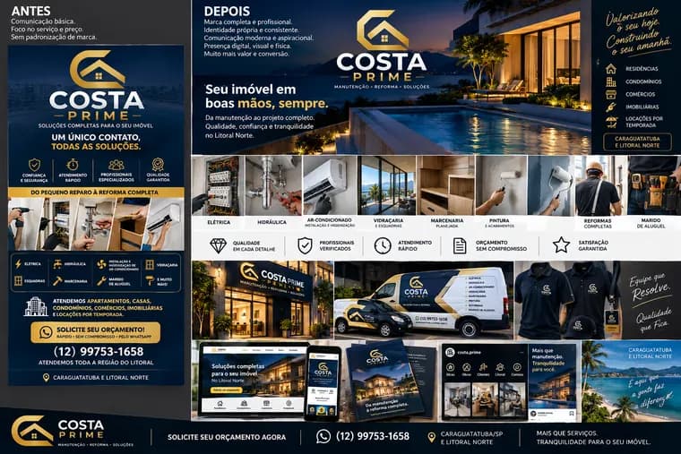 Painel visual Costa Prime com identidade e presença digital