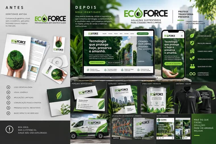 Painel visual Ecoforce com identidade e aplicações de produto