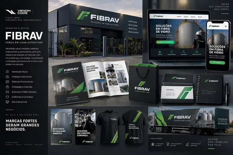 Painel visual do projeto Fibrav com identidade, aplicações e telas digitais