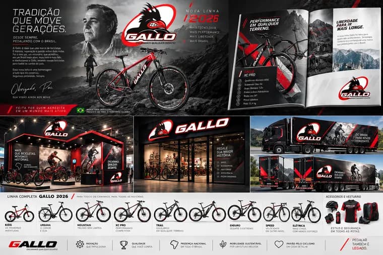 Painel visual Gallo com identidade, embalagens e materiais