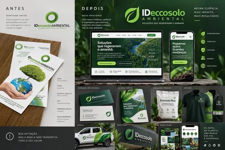 Painel visual da ID Eccosolo Ambiental com identidade e website responsivo