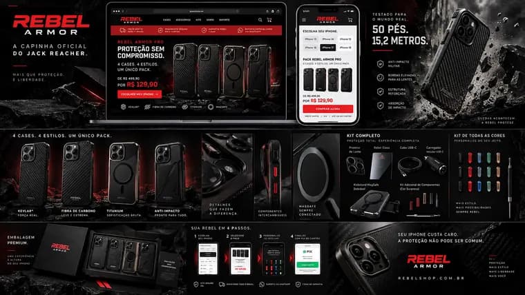 Painel visual Rebel Armor com interface de e-commerce