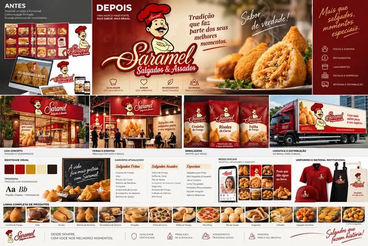 Painel visual Saramel com identidade e aplicações de gastronomia