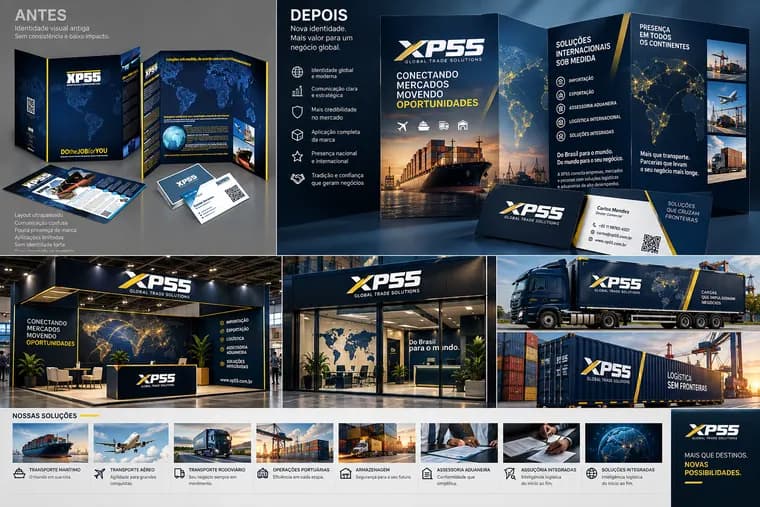 Painel visual XP55 com identidade e comunicação corporativa