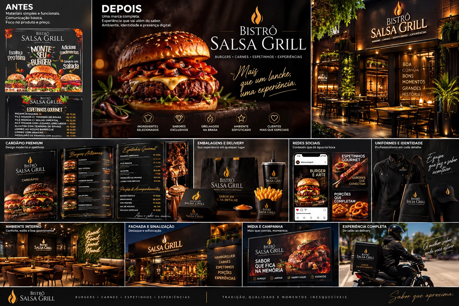 Painel visual Bistrô Salsa Grill com identidade e aplicações