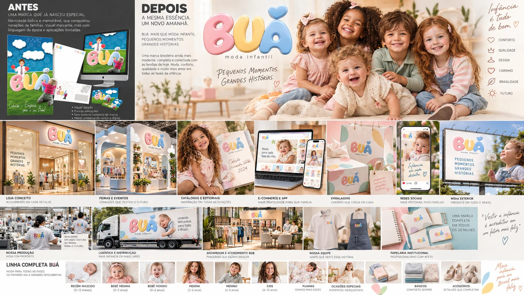 Painel visual BUÁ Moda Infantil com marca e aplicações