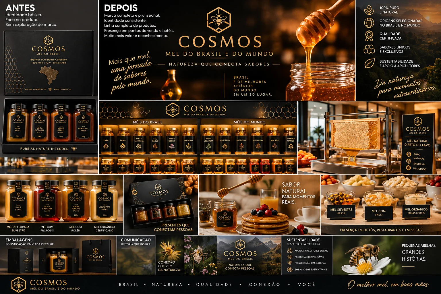 Painel visual Cosmos Mel do Brasil com identidade e embalagens