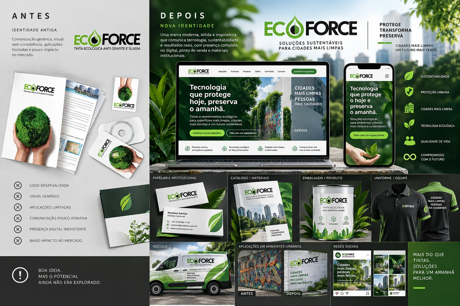 Painel visual Ecoforce com identidade e aplicações de produto