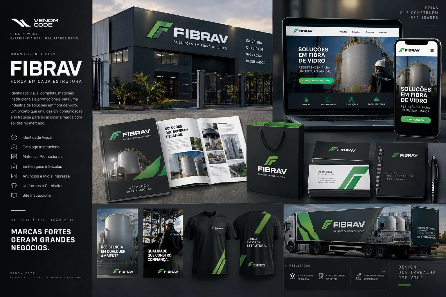 Painel visual do projeto Fibrav com identidade, aplicações e telas digitais