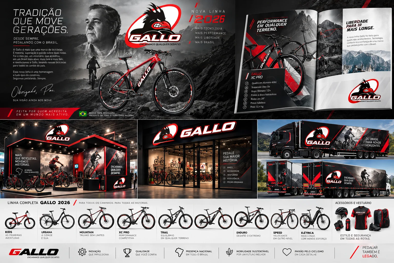 Painel visual Gallo com identidade, embalagens e materiais
