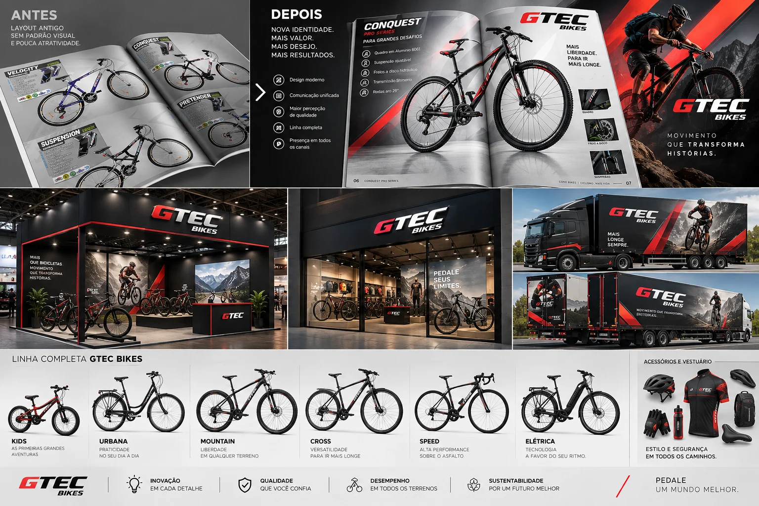 Painel visual GTEC Bikes com produtos, marca e presença digital
