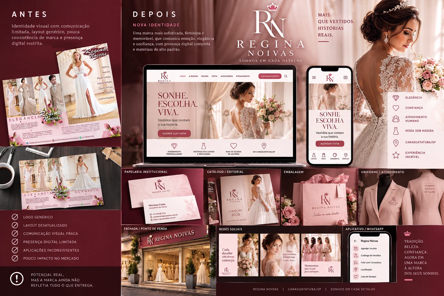 Painel visual Regina Noivas com marca, loja e aplicações