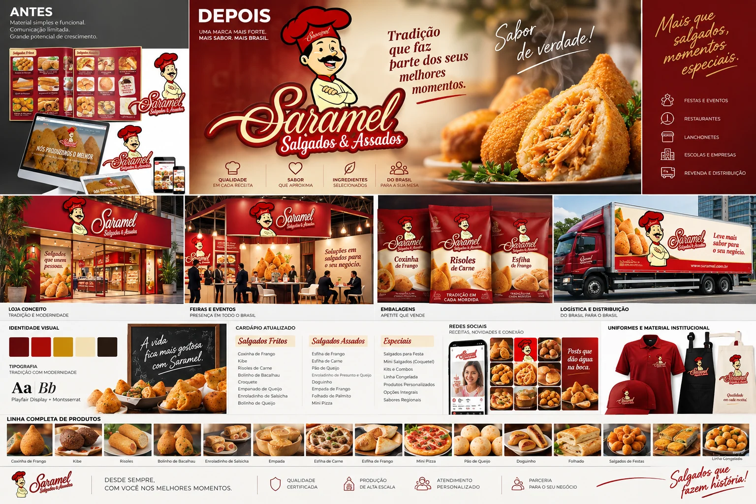 Painel visual Saramel com identidade e aplicações de gastronomia