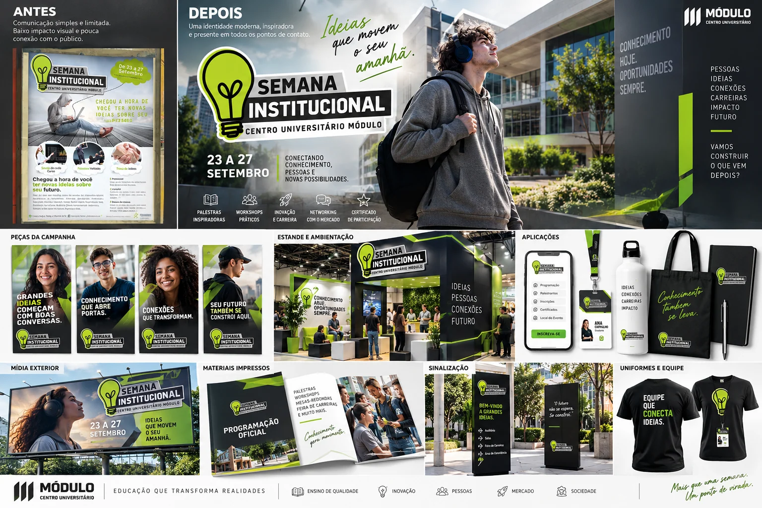 Painel visual de campanha institucional com peças e presença digital