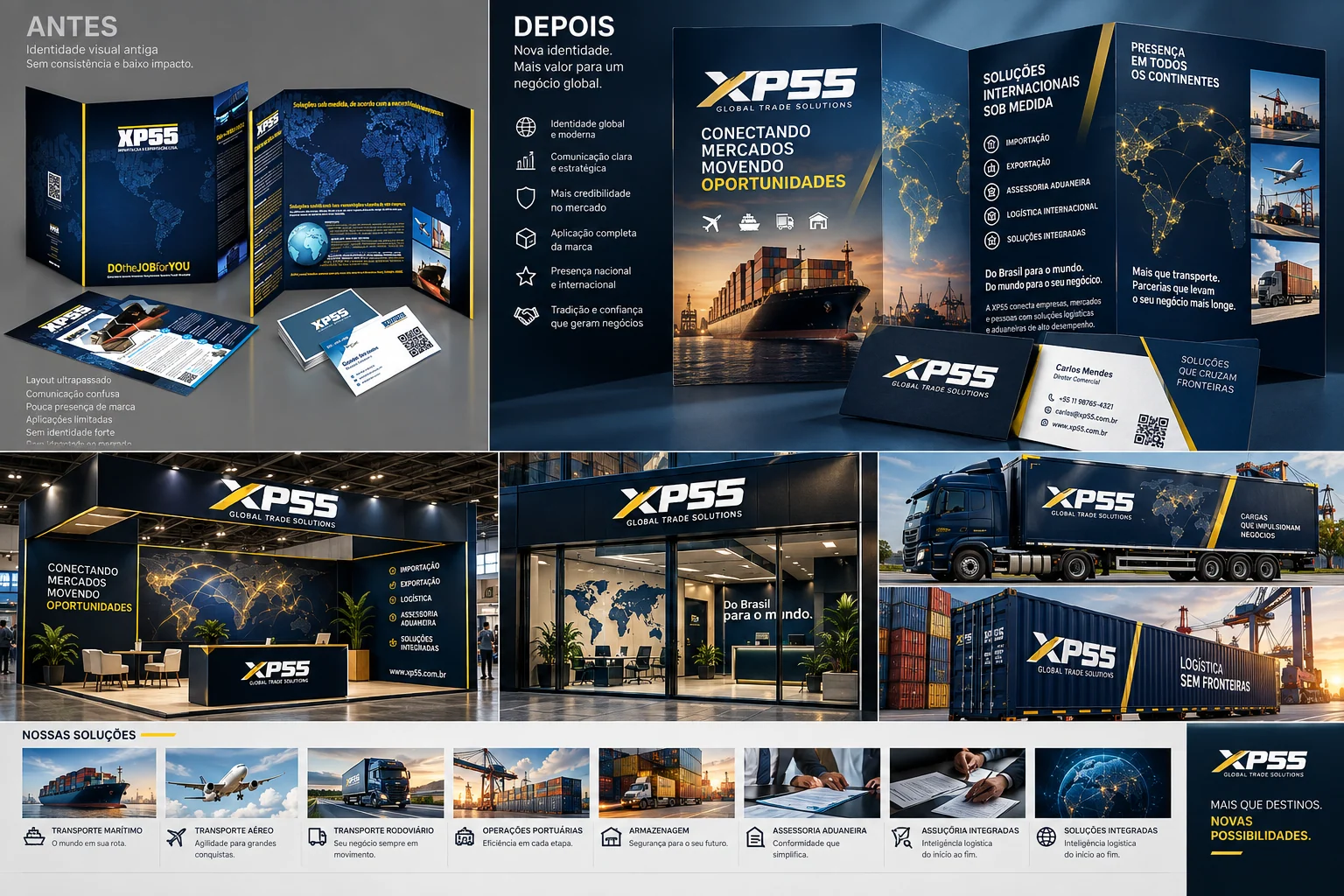 Painel visual XP55 com identidade e comunicação corporativa